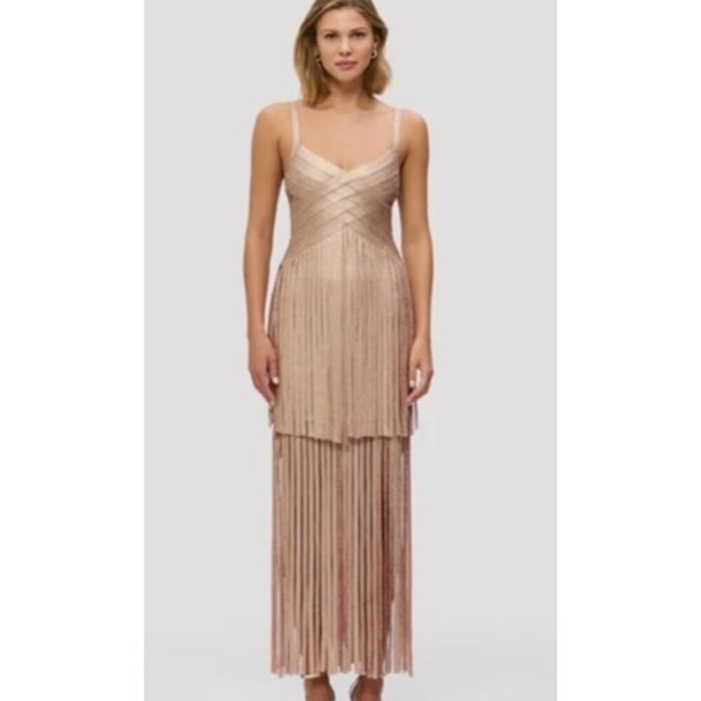 HERVE LEGER FRINGE ROSE GOLD METALLIC VIVIENNE GOWN XS